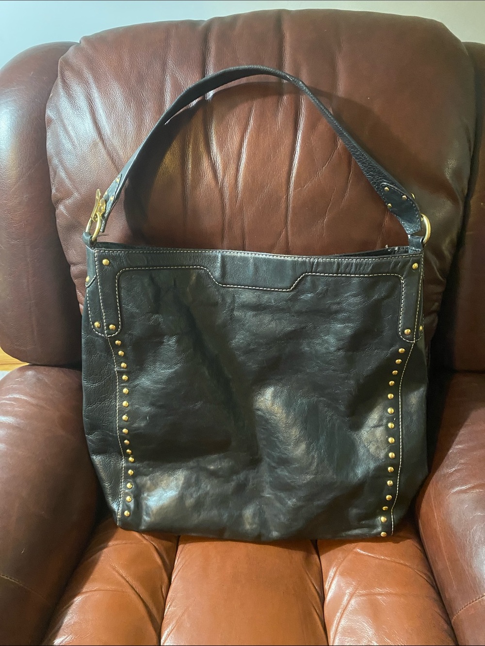 Michael Kors Black Leather Hobo Bag with Gold Stud Detailing. XXL Bag. Gorgeous
